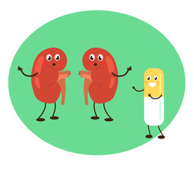 Human kidneys and pill on a green background. Vector illustration.