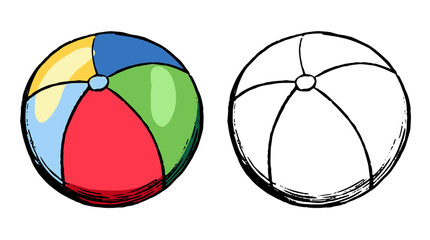 Hand drawn vector illustration. Set of contour and color drawing isolated on white. Colored inflatable beach ball. Doodle element for design, card, print, sticker. Vintage, ink sketch, realistic style