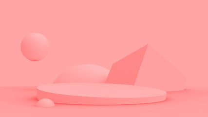 3d Living Coral color scene modern minimal design in studio background. Abstract 3d geometric shape object illustration render. Display for cosmetic perfume fashion product.