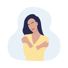 Woman hugging herself. Woman of color express self love and self care. Trendy minimalistic illustration of flat woman. Treat yourself, take care of yourself vector concept EPS 10.