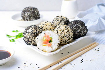 Onigiri Rice Balls with Salmon and Cucumber, Asian Appetizer