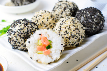 Onigiri Rice Balls with Salmon and Cucumber, Asian Appetizer