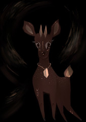 Digital illustration.Dikdik in the magic forest with a crystal necklace.