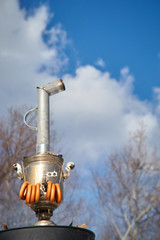 Russian traditional samovar with Bagel. Spring and carnival