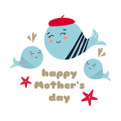 Cute whale print Happy mothers day card Design for Mom Vector banner Funny character
