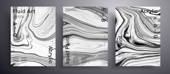 Abstract liquid banner, fluid art vector texture set. Trendy background that applicable for design cover, invitation, presentation and etc. Grey, black and white unusual creative surface template