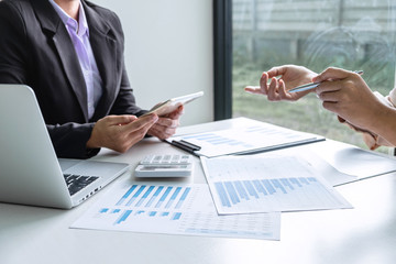 Executive business woman team brainstorming on meeting to conference planning investment project working and strategy of business making conversation with partner, financial and accounting concept