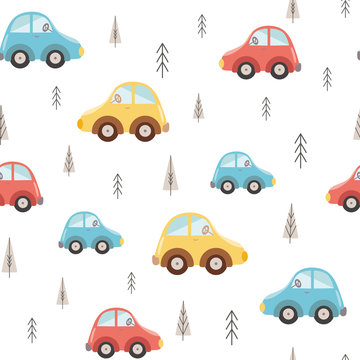 Cute baby cars pattern seamless kids background Colorful cartoon cars on white. Baby boys fabric design vector