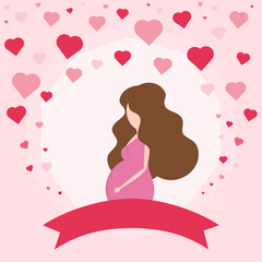 This is pregnant women on background with hearts. Cute illustration.