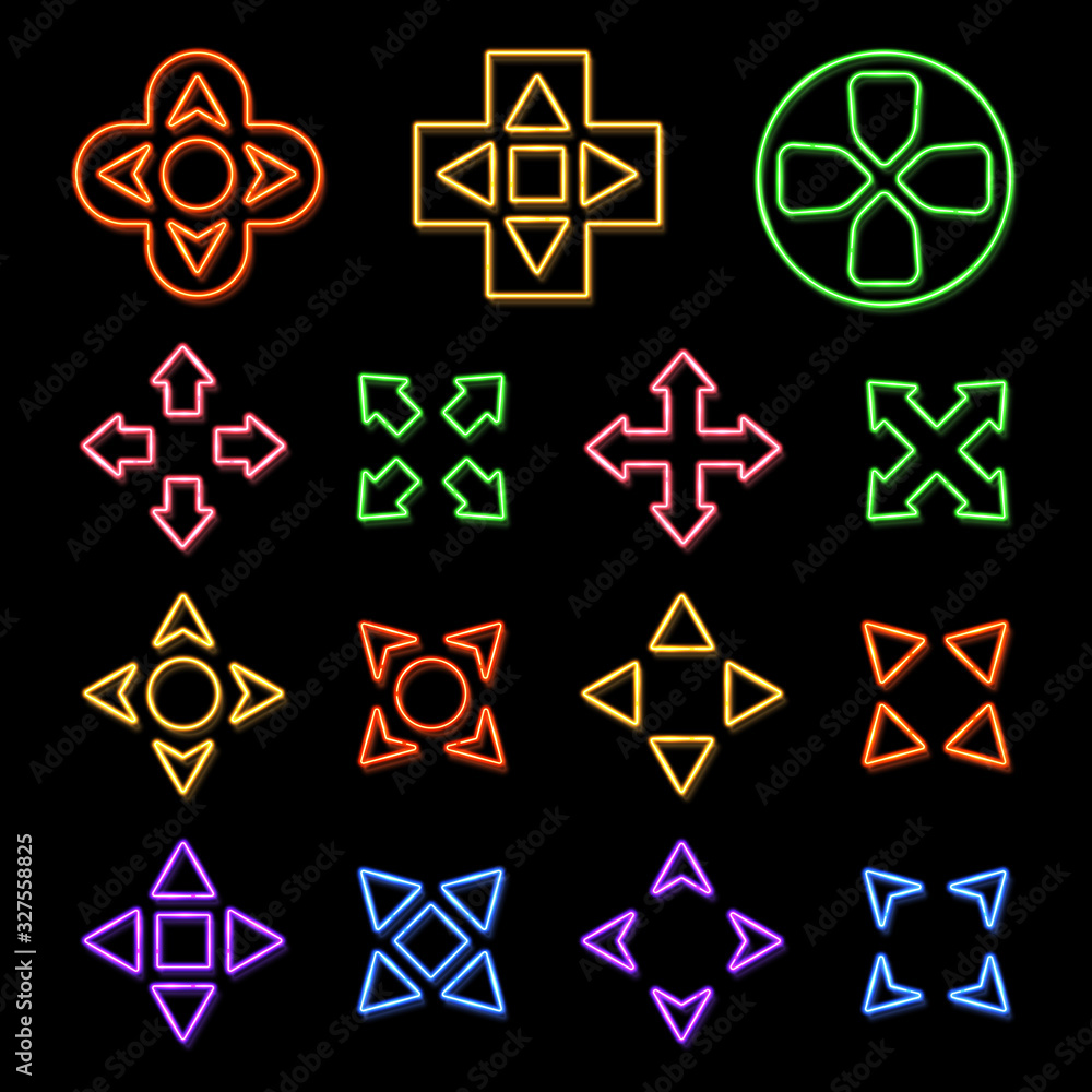 Poster color neon light game icons set on black background. arrow cursor element design. retro 80s neon gam