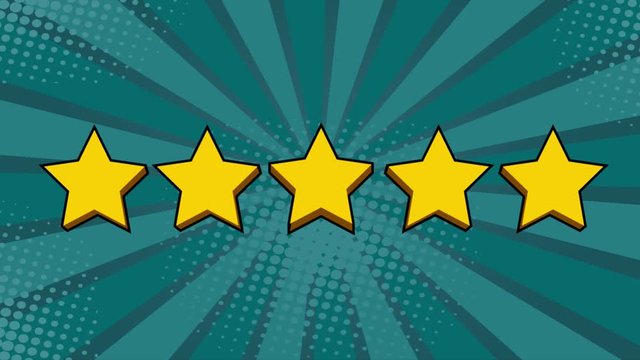 Giving rating stars. Pop art retto comic style animation. Ranking business with fave golden stars. Tick star. Having feedback, reputation and quality