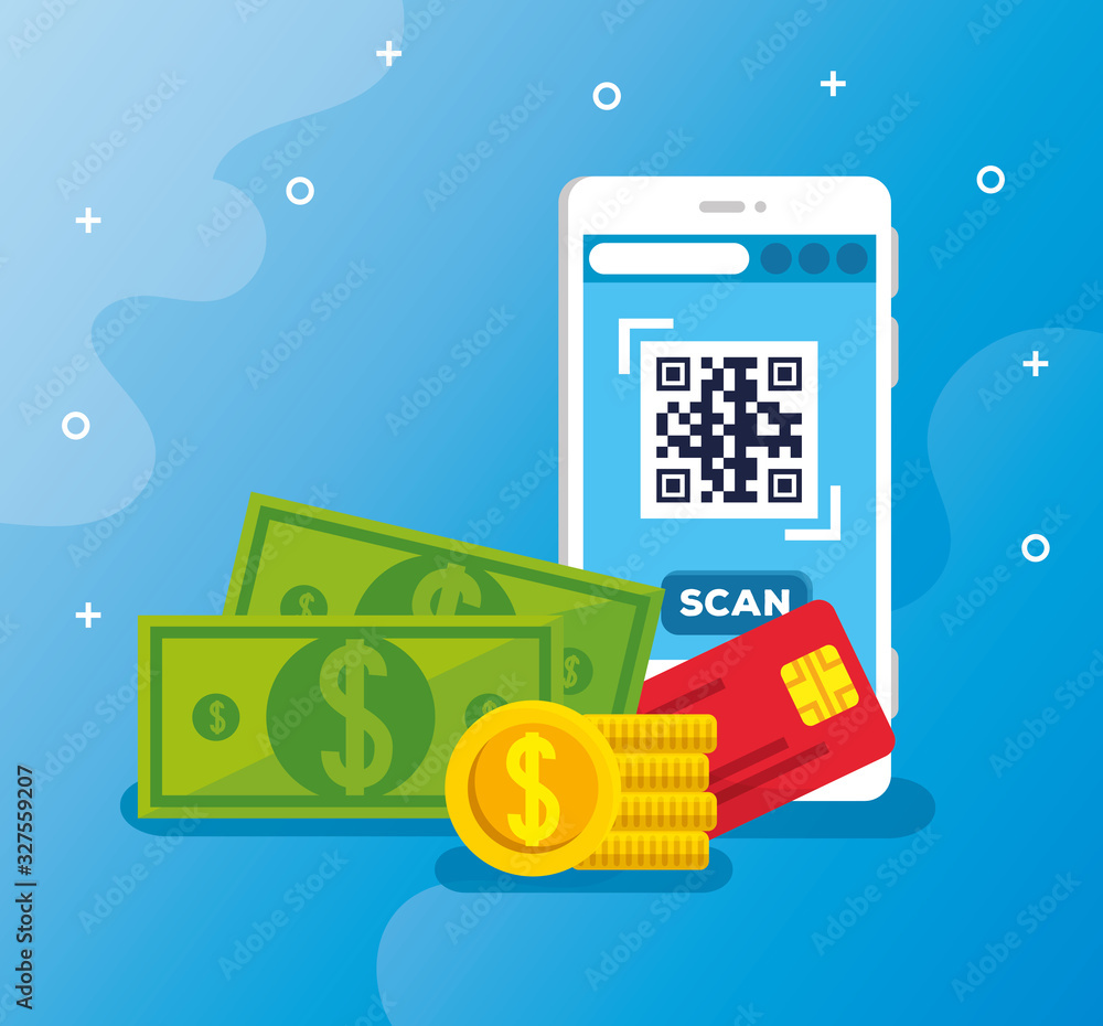 Poster scan code qr with smartphone and icons vector illustration design