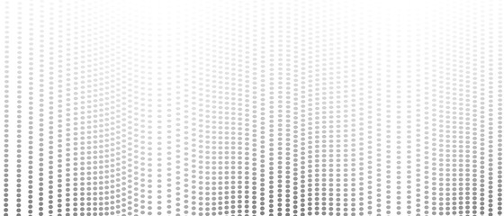 Dotted undulating lines. Halftone pattern. Gray spots on a white background. Monochrome gradient. Op art design. Vector waves, squiggly spotted curves. Abstract digital graphic. Tech concept. EPS10