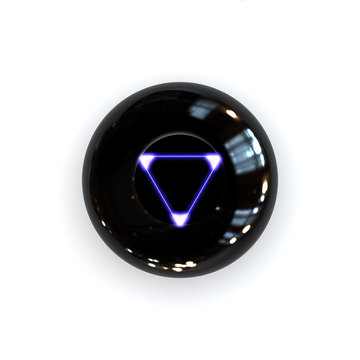 Magic 8 Ball. Forecast Side with Neon Glowing Triangle. Glossy Black Billiard Ball. 3D Render Isolated on White.
