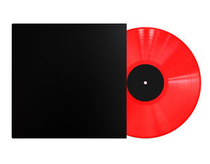Red Colored Vinyl Disc Mock Up. Vintage LP Vinyl Record with Black Cover Sleeve and Black Label Isolated on White Background. 3D Render.