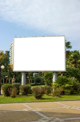 Blank street billboard poster in the park on the background of tropical plants. information banner, copy space for text.