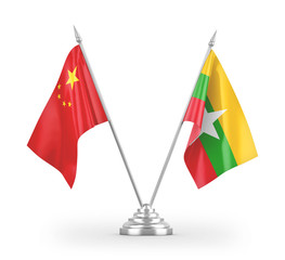 Myanmar and China table flags isolated on white 3D rendering