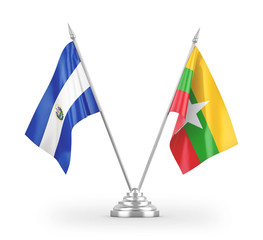 Myanmar and El Salvador table flags isolated on white 3D rendering