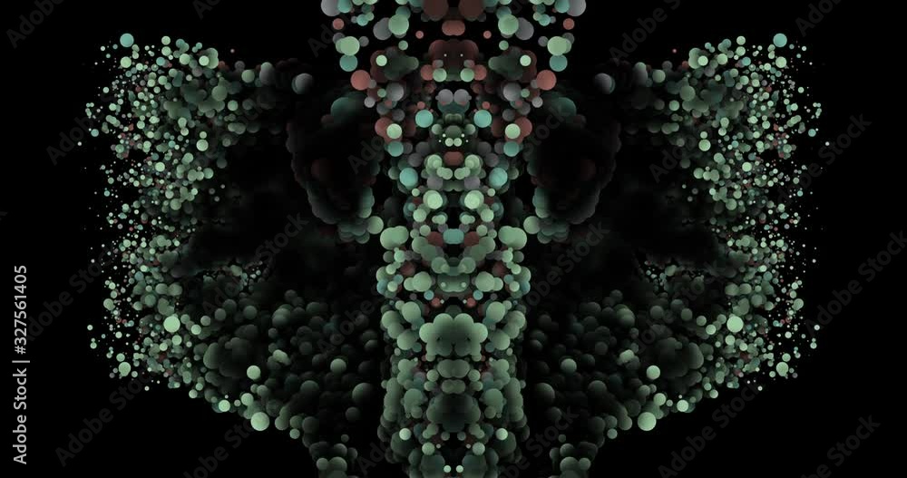 Poster abstract kaleidoscopic system with bubbles as liquid element blob. trasnformation of mirrored liquid
