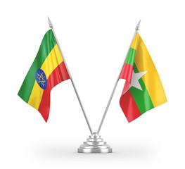 Myanmar and Ethiopia table flags isolated on white 3D rendering