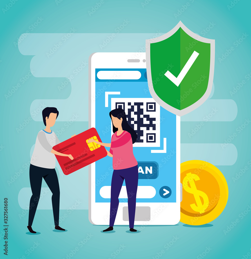 Poster scan code qr with smartphone and business couple vector illustration design