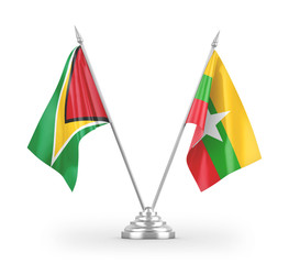 Myanmar and Guyana table flags isolated on white 3D rendering