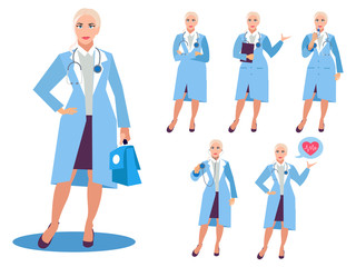 Set, isolated on white background woman doctor. Different poses, tools. Cartoon raster flat