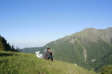Fototapeta na wymiar hikers on top of mountain