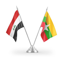 Myanmar and Iraq table flags isolated on white 3D rendering
