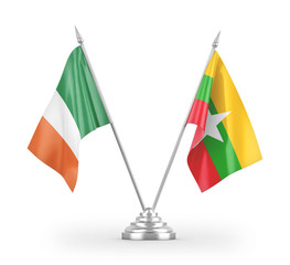 Myanmar and Ireland table flags isolated on white 3D rendering
