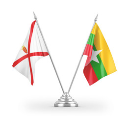 Myanmar and Jersey table flags isolated on white 3D rendering