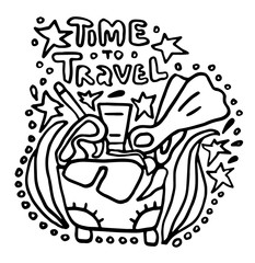 Simple hand drawn doodle about travelling. Time to travel lettering. Rest design colorless set vector illustration.