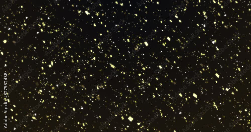 Poster gold particles confetti glowing and flowing on black background. abstract effect of golden dust spar