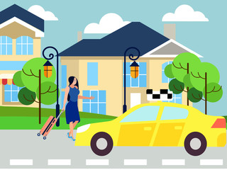 The girl calls a taxi, walks down the city street to the car. In minimalist style Cartoon flat raster