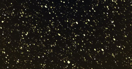 Gold particles confetti glowing and flowing on black background. Abstract effect of golden dust sparkling with bokeh. Cloud system glitter particles. Golden confetti nebula. - Powered by Adobe