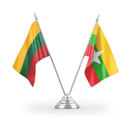 Myanmar and Lithuania table flags isolated on white 3D rendering