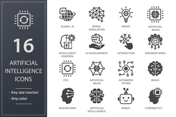 Artificial intelligence icon set. Illustrations isolated on white.
