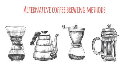 Illustration with an alternative way of brewing coffee. Alternative coffee brewing methods sketch.
