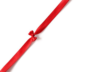 Red ribbon with tiny bow isolated on white background. Template for gift card, wedding party invite, sale poster or banner