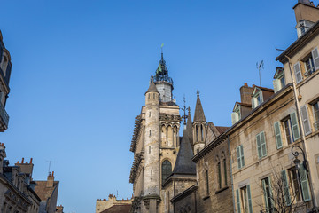 Fototapeta na wymiar Church of Notre-Dame of Dijon, street view with ancient buildings in Dijon, France