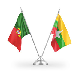 Myanmar and Portugal table flags isolated on white 3D rendering