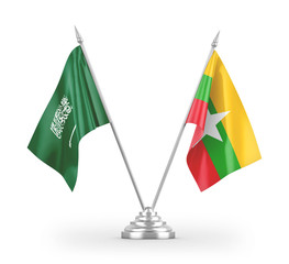 Myanmar and Saudi Arabia table flags isolated on white 3D rendering