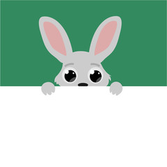 Fototapeta na wymiar curious cute Easter Bunny with big eyes, cartoon flat vector illustration with blank banner for text poster