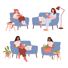 Books lover club vector template with different young woman reading books.
