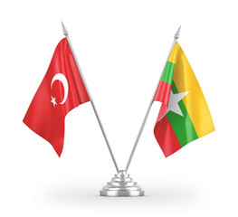 Myanmar and Turkey table flags isolated on white 3D rendering