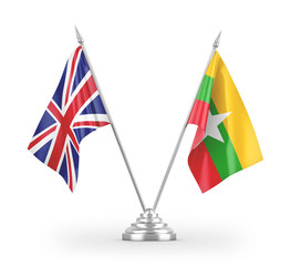 Myanmar and United Kingdom table flags isolated on white 3D rendering