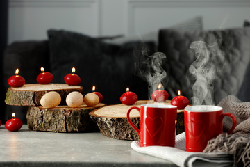Still life details of the home living room interior on a wooden table with free space for an advertising product