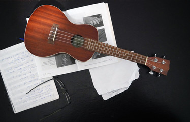 Obraz na płótnie Canvas Musical note and ukulele on a black background