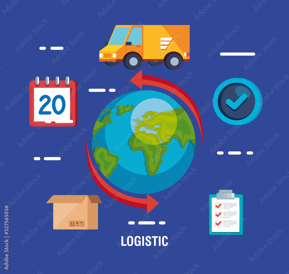Poster delivery logistic service with world and icons vector illustration design