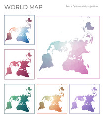 Low Poly World Map Set. Peirce quincuncial projection. Collection of the world maps in geometric style. Vector illustration.